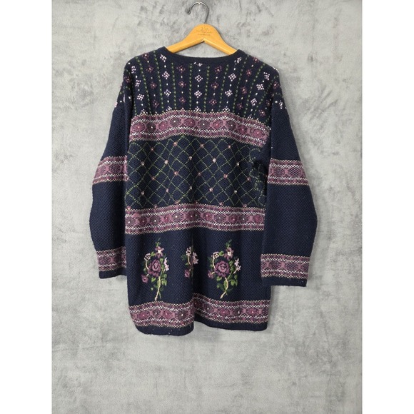 Vintage Laura Ashley Wool Navy Pink Floral Pattern Knit Sweater Medium - Picture 5 of 5